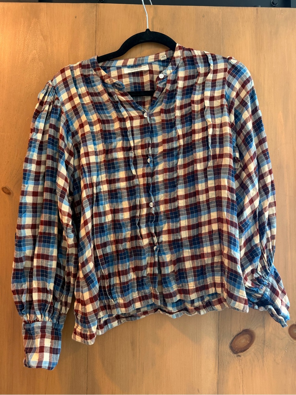 Plaid Button-Front Blouse in Blue, Red & Cream